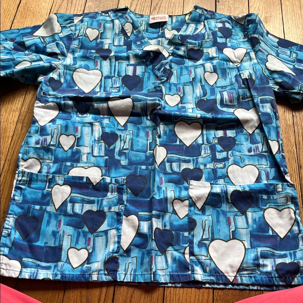 Smart Scrubs Blue and White Heart Print Top